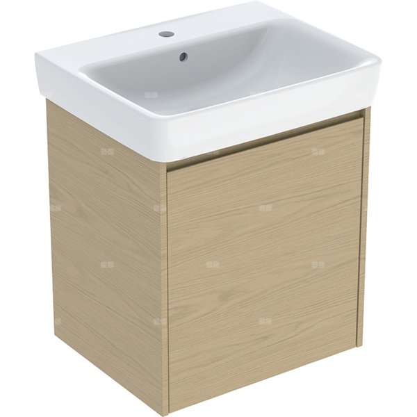 Zestaw umywalki Geberit Selnova Square z szafką pod umywalkę, z jednymi drzwiami: 60x69.7x48cm, Szerokość umywalki=60cm, Umywalka: biały, Korpus, Front: dąb naturalny / melaminowa struktura drewna