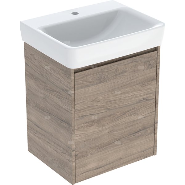 Zestaw umywalki Geberit Selnova Square z szafką pod umywalkę, z jednymi drzwiami: 55x69.7x44cm, Szerokość umywalki=55cm, Umywalka: biały, Korpus, Front: orzech hickory / melaminowa struktura drewna