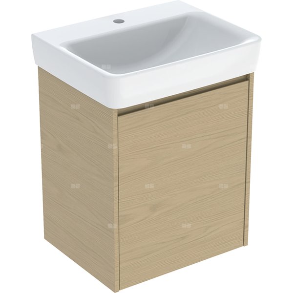 Zestaw umywalki Geberit Selnova Square z szafką pod umywalkę, z jednymi drzwiami: 55x69.7x44cm, Szerokość umywalki=55cm, Umywalka: biały, Korpus, Front: dąb naturalny / melaminowa struktura drewna