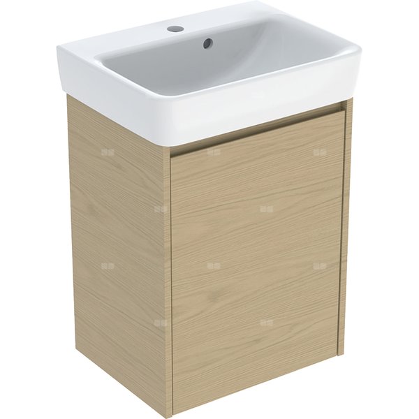 Zestaw umywalki małej Geberit Selnova Square z szafką pod umywalkę, z jednymi drzwiami: 50x69.7x38cm, Szerokość umywalki=50cm, Umywalka: biały, Korpus, Front: dąb naturalny / melaminowa struktura drewna