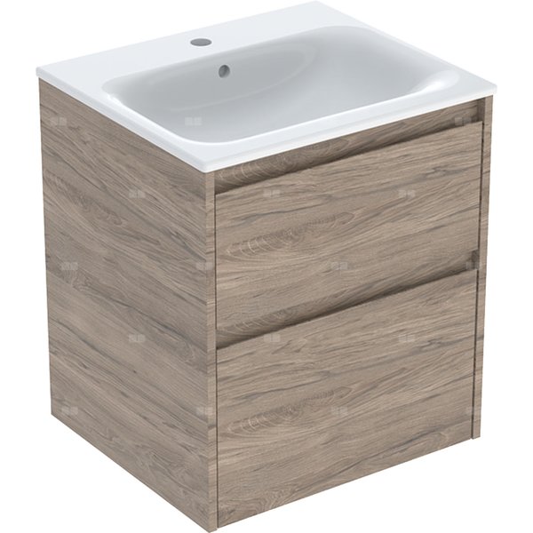 Zestaw umywalki meblowej Geberit Selnova Square, slim rim, z szafką pod umywalkę, z dwoma szufladami: 55x62.1x48cm, Szerokość umywalki=55cm, Umywalka: biały, Korpus, Front: orzech hickory / melaminowa struktura drewna
