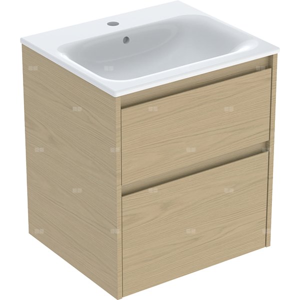Zestaw umywalki meblowej Geberit Selnova Square, slim rim, z szafką pod umywalkę, z dwoma szufladami: 55x62.1x48cm, Szerokość umywalki=55cm, Umywalka: biały, Korpus, Front: dąb naturalny / melaminowa struktura drewna