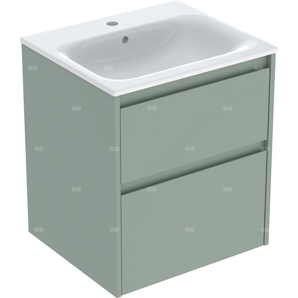 Zestaw umywalki meblowej Geberit Selnova Square, slim rim, z szafką pod umywalkę, z dwoma szufladami: 55x62.1x48cm, Szerokość umywalki=55cm, Umywalka: biały, Korpus, Front: szałwiowozielony / lakierowany jedwabny mat