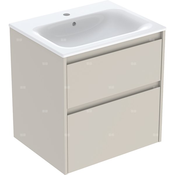 Zestaw umywalki meblowej Geberit Selnova Square, slim rim, z szafką pod umywalkę, z dwoma szufladami: 60x62.1x48cm, Szerokość umywalki=60cm, Umywalka: biały, Korpus, Front: piaskowoszary / lakierowany jedwabny mat