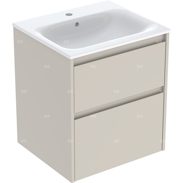 Zestaw umywalki meblowej Geberit Selnova Square, slim rim, z szafką pod umywalkę, z dwoma szufladami: 55x62.1x48cm, Szerokość umywalki=55cm, Umywalka: biały, Korpus, Front: piaskowoszary / lakierowany jedwabny mat