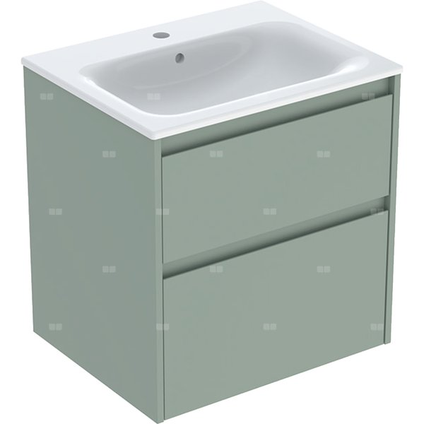 Zestaw umywalki meblowej Geberit Selnova Square, slim rim, z szafką pod umywalkę, z dwoma szufladami: 60x62.1x48cm, Szerokość umywalki=60cm, Umywalka: biały, Korpus, Front: szałwiowozielony / lakierowany jedwabny mat