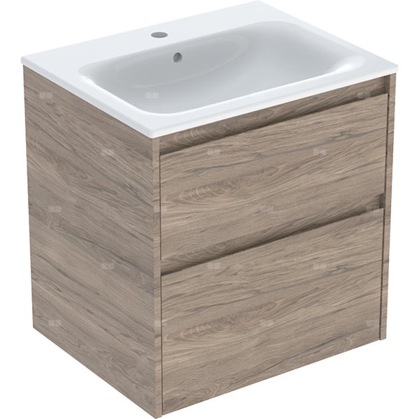 Zestaw umywalki meblowej Geberit Selnova Square, slim rim, z szafką pod umywalkę, z dwoma szufladami: 60x62.1x48cm, Szerokość umywalki=60cm, Umywalka: biały, Korpus, Front: orzech hickory / melaminowa struktura drewna
