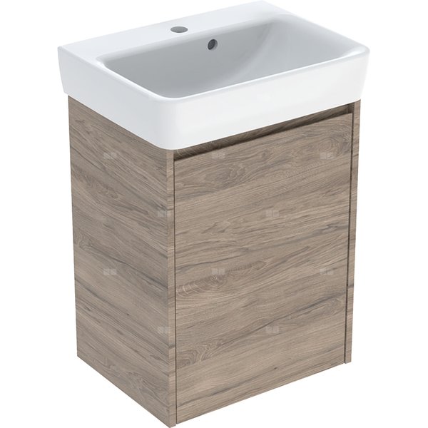 Zestaw umywalki małej Geberit Selnova Square z szafką pod umywalkę, z jednymi drzwiami: 50x69.7x38cm, Szerokość umywalki=50cm, Umywalka: biały, Korpus, Front: orzech hickory / melaminowa struktura drewna
