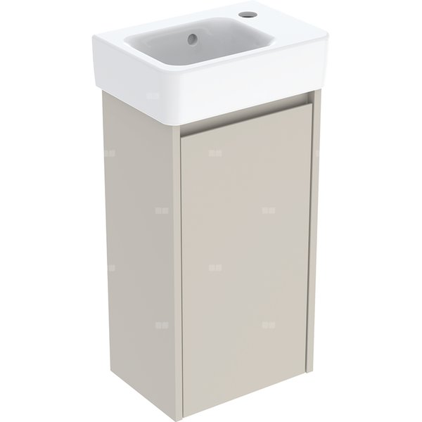 Zestaw umywalki małej Geberit Selnova Square z szafką pod umywalkę, z jednymi drzwiami: 36x69.7x25cm, Szerokość umywalki=36cm, Umywalka: biały, Korpus, Front: piaskowoszary / lakierowany jedwabny mat