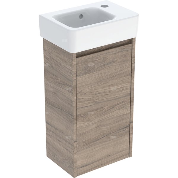 Zestaw umywalki małej Geberit Selnova Square z szafką pod umywalkę, z jednymi drzwiami: 36x69.7x25cm, Szerokość umywalki=36cm, Umywalka: biały, Korpus, Front: orzech hickory / melaminowa struktura drewna