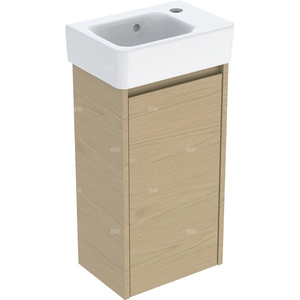 Zestaw umywalki małej Geberit Selnova Square z szafką pod umywalkę, z jednymi drzwiami: 36x69.7x25cm, Szerokość umywalki=36cm, Umywalka: biały, Korpus, Front: dąb naturalny / melaminowa struktura drewna