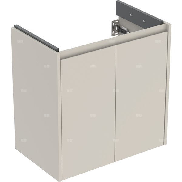 Szafka pod umywalkę Geberit Selnova Compact, z dwoma drzwiami: 59.1x60.6x36.4cm, Szerokość umywalki=65cm, piaskowoszary / lakierowany jedwabny mat
