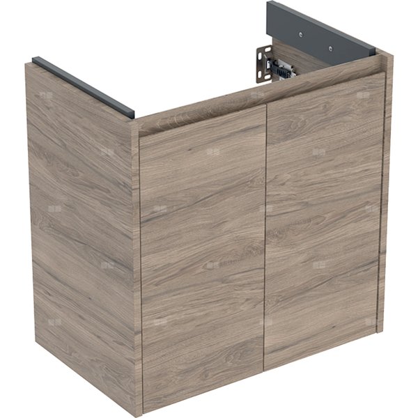 Szafka pod umywalkę Geberit Selnova Compact, z dwoma drzwiami: 59.1x60.6x36.4cm, Szerokość umywalki=65cm, orzech hickory / melaminowa struktura drewna
