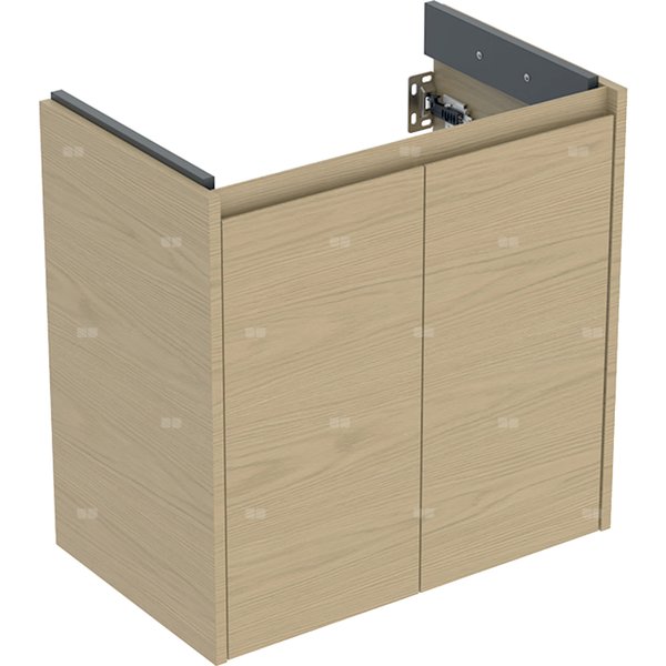 Szafka pod umywalkę Geberit Selnova Compact, z dwoma drzwiami: 59.1x60.6x36.4cm, Szerokość umywalki=65cm, dąb naturalny / melaminowa struktura drewna