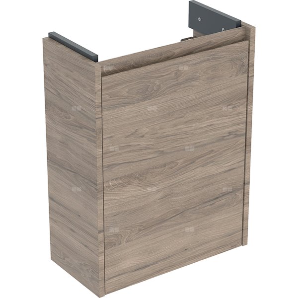 Szafka pod małą umywalkę Geberit Selnova Compact, z jednymi drzwiami, krótka: 45.7x60.5x22.7cm, Szerokość umywalki=50cm, orzech hickory / melaminowa struktura drewna