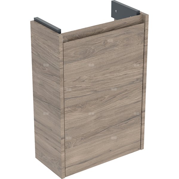 Szafka pod małą umywalkę Geberit Selnova Compact, z jednymi drzwiami, krótka: 41.2x60.5x20.1cm, Szerokość umywalki=45cm, orzech hickory / melaminowa struktura drewna