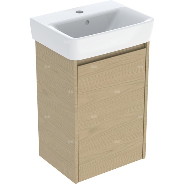 Zestaw umywalki małej Geberit Selnova Square z szafką pod umywalkę, z jednymi drzwiami: 45x69.7x34cm, Szerokość umywalki=45cm, Umywalka: biały, Korpus, Front: dąb naturalny / melaminowa struktura drewna