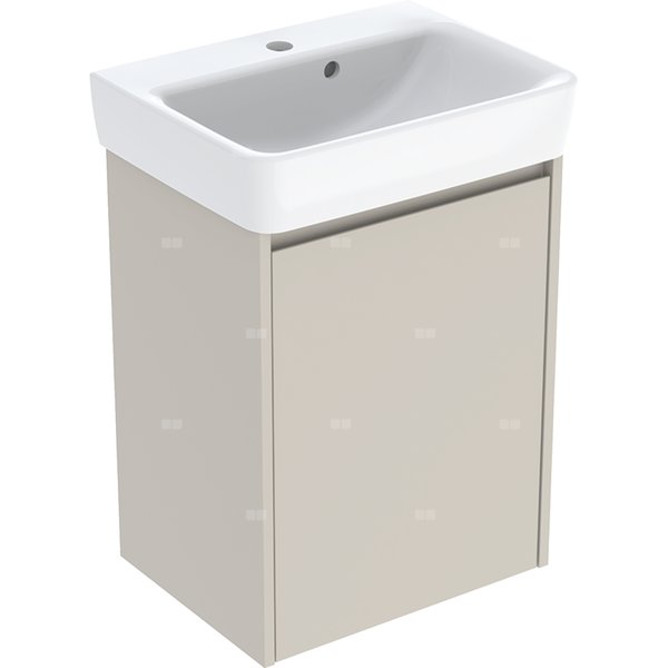 Zestaw umywalki małej Geberit Selnova Square z szafką pod umywalkę, z jednymi drzwiami: 50x69.7x38cm, Szerokość umywalki=50cm, Umywalka: biały, Korpus, Front: piaskowoszary / lakierowany jedwabny mat