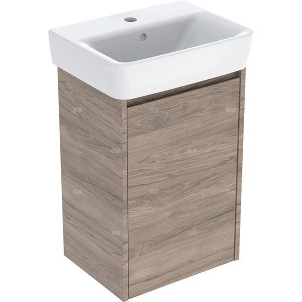 Zestaw umywalki małej Geberit Selnova Square z szafką pod umywalkę, z jednymi drzwiami: 45x69.7x34cm, Szerokość umywalki=45cm, Umywalka: biały, Korpus, Front: orzech hickory / melaminowa struktura drewna