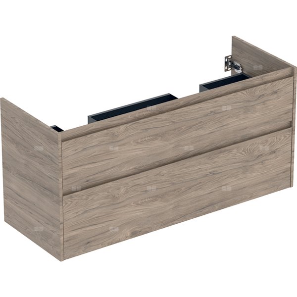 Dolna szafka Geberit pod umywalkę meblową, dwie szuflady: Szerokość umywalki=130cm, orzech hickory / Melaminowa struktura drewna
