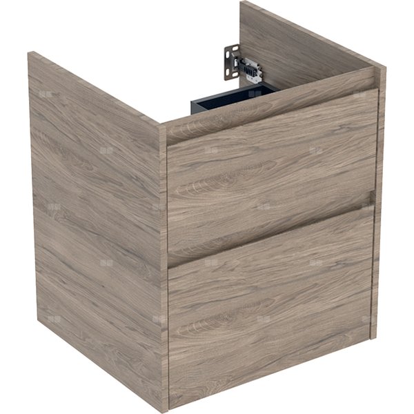 Dolna szafka Geberit pod umywalkę meblową, dwie szuflady: Szerokość umywalki=55cm, orzech hickory / Melaminowa struktura drewna