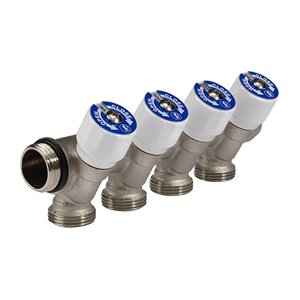 Rozdzielacz c.w.u. 2-segmentowy z zaworami odcinającymi i pokrętłem, zew. korpus z mosiądzu niklow 3/4” x  3/4”e /2