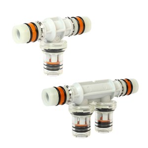TRÓJNIK Z PODWÓJNYM WYJŚCIEM SYSTEMU PUSH-FIT (BEZ TULEI RC900), DLA RUR PEX/AL./PEX I PB (20x2,0)x(8X1,0)/2 MM