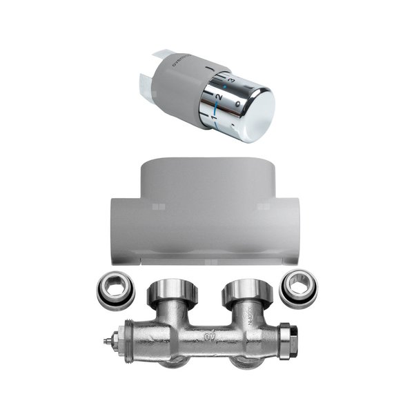 Zawór termostatyczny kątowy, zestaw, srebro błyszczące Metallic