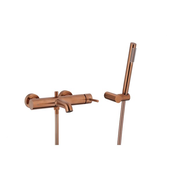 MOZA Bateria wannowa pozioma, ścienna + Zestaw natryskowy punktowy PREMIUM, Brushed rose gold PVD