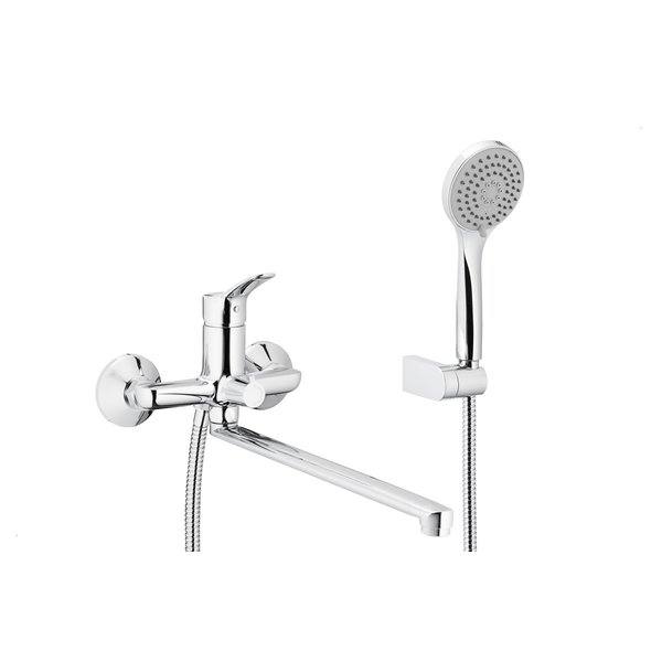 Bateria MORRIS umywalkowo-wannowa, ścienna z wylotem 350 mm i natryskiem punktowym, chrom