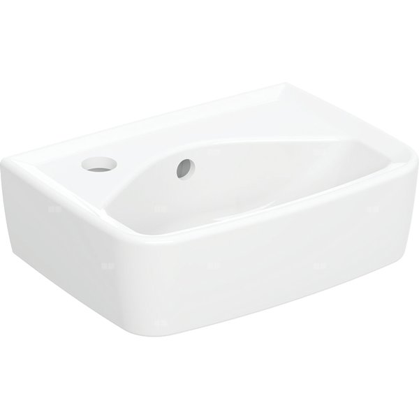 Umywalka mała Koło Rekord, kształt geometryczny, krótka: 35x25cm, Otwór na baterię=Lewa strona, Przelew=Widoczny, Biały