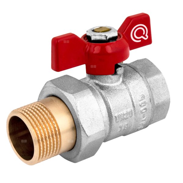 Zawór kulowy QIK 05 mosiądz, PN30 1'' GW x GZ ze śrubunkiem, uchwyt: motylek