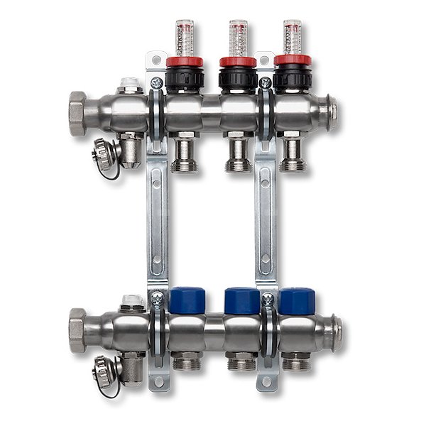 Rozdzielacz ze stali nierdzewnej z pomiarem i regulacją przepływu na zasilaniu. Wkładka termostatyczna na powrocie, uchwyt ścienny i zawór spustowy. 10