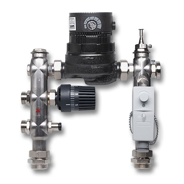Zestaw pompowo-mieszający. Kontrola wartości zadanej w zakresie 20-50 st.C. Pompa obiegowa elektroniczna E4auto-130 mm, zawór z termostatyczny, odpowietrznik, zawór zwrotny zintegrowany