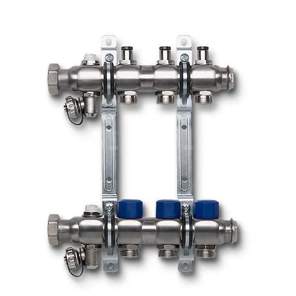 Rozdzielacz ze stali nierdzewnej. Wkładki termostatyczne na powrocie, uchwyt ścienny i zawór spustowy. 10