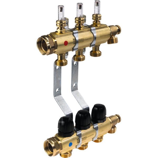 TECEfloor rozdzielacz mosiężny 1'' ogrzewania podłogowego 10 sek. z przepływomierzami magnetycznymi i wmontowanymi półśrubunkami