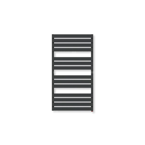 Grzejnik elektryczny TERMA WARP T ONE 1110 x 600mm, kolor czarny jak kruk mat RAL9005, moc 600 W, podłączenie E8, kabel spiralny z wtyczką czarny