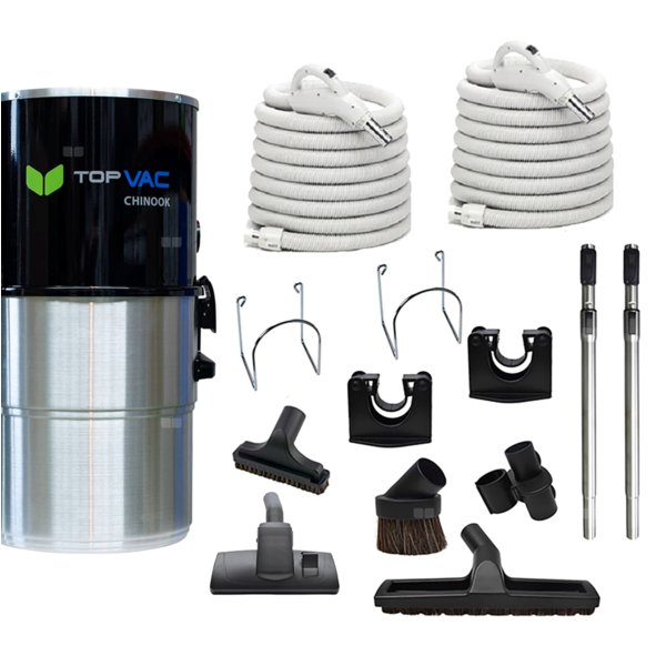 Jednostka centralna TopVac CHINOOK z zestawami do sprzątania z wężem z włącznikiem on/off o dł. 9,1 m i 10,6 m