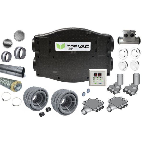 Centrala wentylacyjna TopVac Eko 260GV ze sterownikiem i higrostatem, nagrzewnicą zewnętrzną oraz zestawem instalacyjnym (Pakiet)