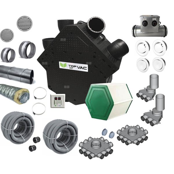 Centrala wentylacyjna TopVac Eko 350GV ze sterownikiem i higrostatem, nagrzewnicą zewnętrzną oraz zestawem instalacyjnym (Pakiet)