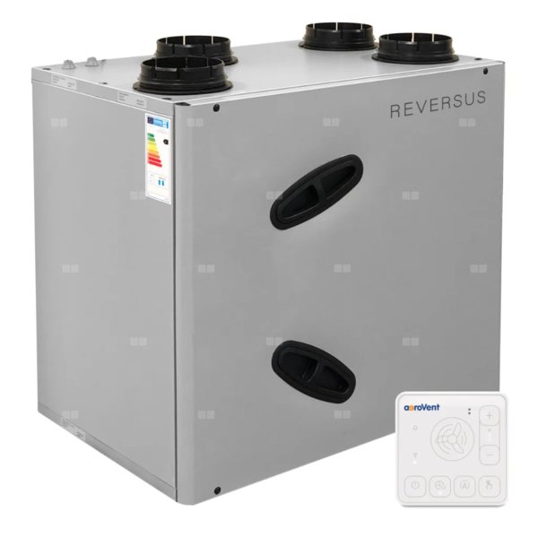 Rekuperator Reversus 450+ z panelem Wi-Fi, z wymiennikiem przeciwprądowym (wydatek 430 m³/h), z by-passem, z nagrzewnicą wstępną, z uchwytami mocującymi do ściany