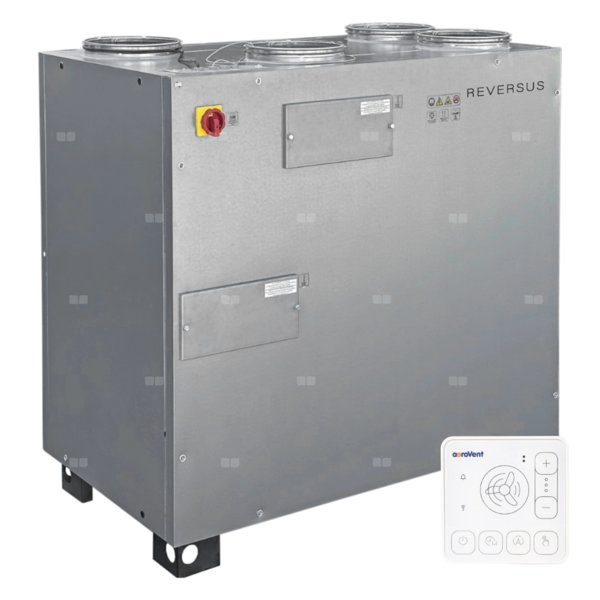 Rekuperator Reversus 1300+ z panelem Wi-Fi, z entalpicznym wymiennikiem przeciwprądowym (wydatek 1300 m³/h), z by-passem, z podstawą do montażu na podłodze, zawiera nagrzewnicę elektryczną