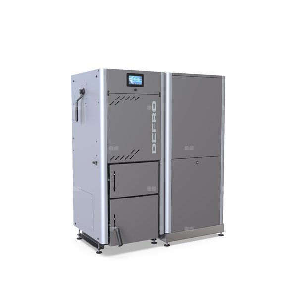 GAMMA 10 L - kocioł na pellet o mocy 10 kW, z zasobnikiem pelletu o pojemności 190 litrów stojącym obok kotła, wersja lewa