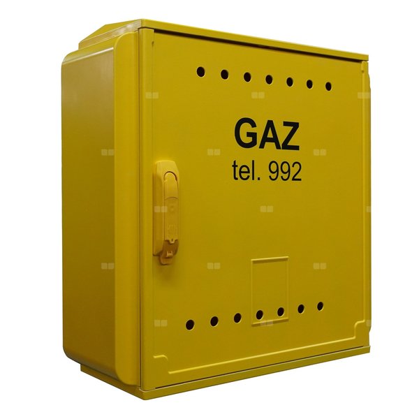 Skrzynka gazowa 600x600x250 naścienna z plecami, z laminatu + monozłącze, RAL 1021 żółta, PSG, średnie ciśnienie
